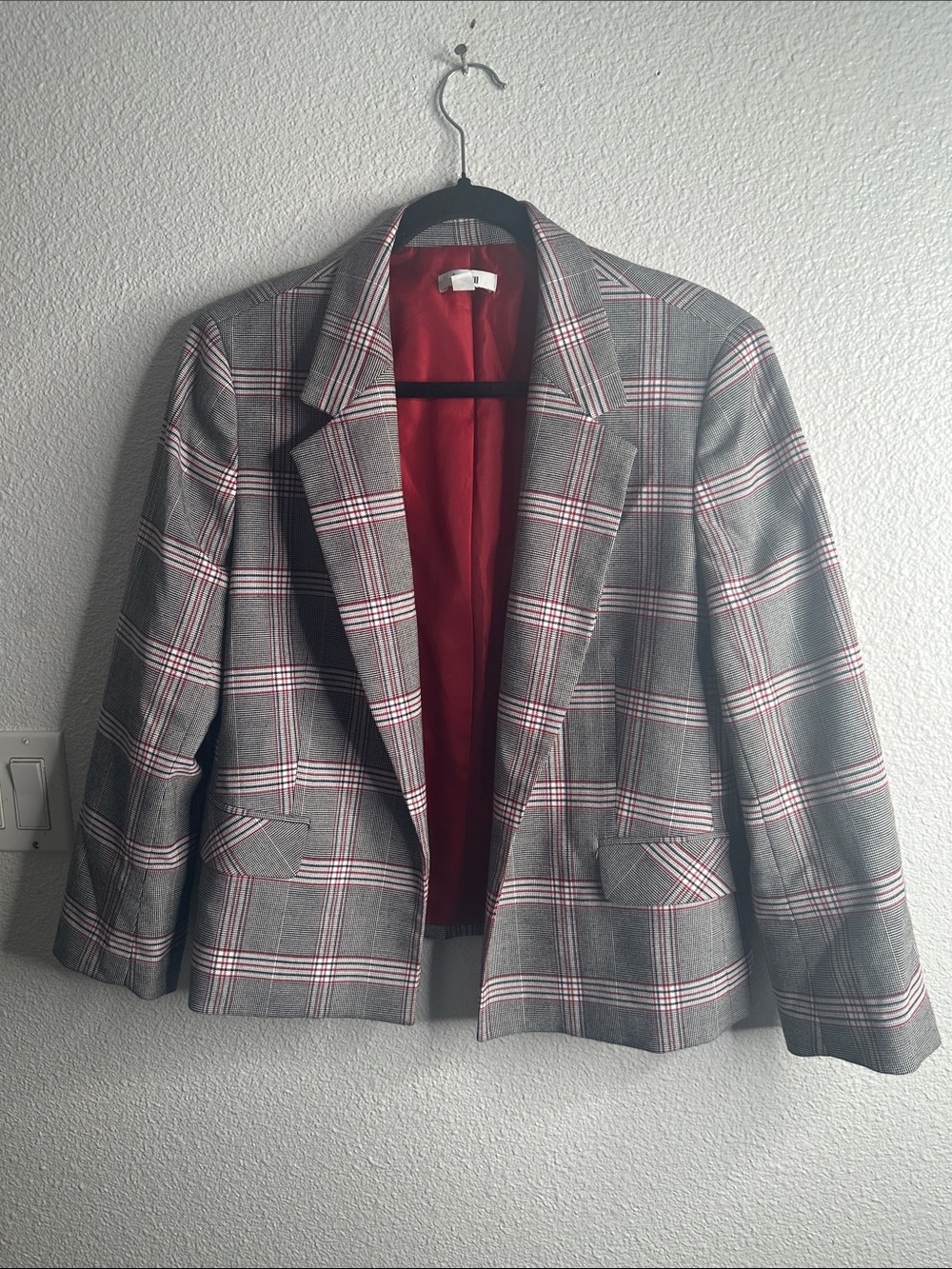 Barlll gray red plaid open blazer  size 14 office career work wear